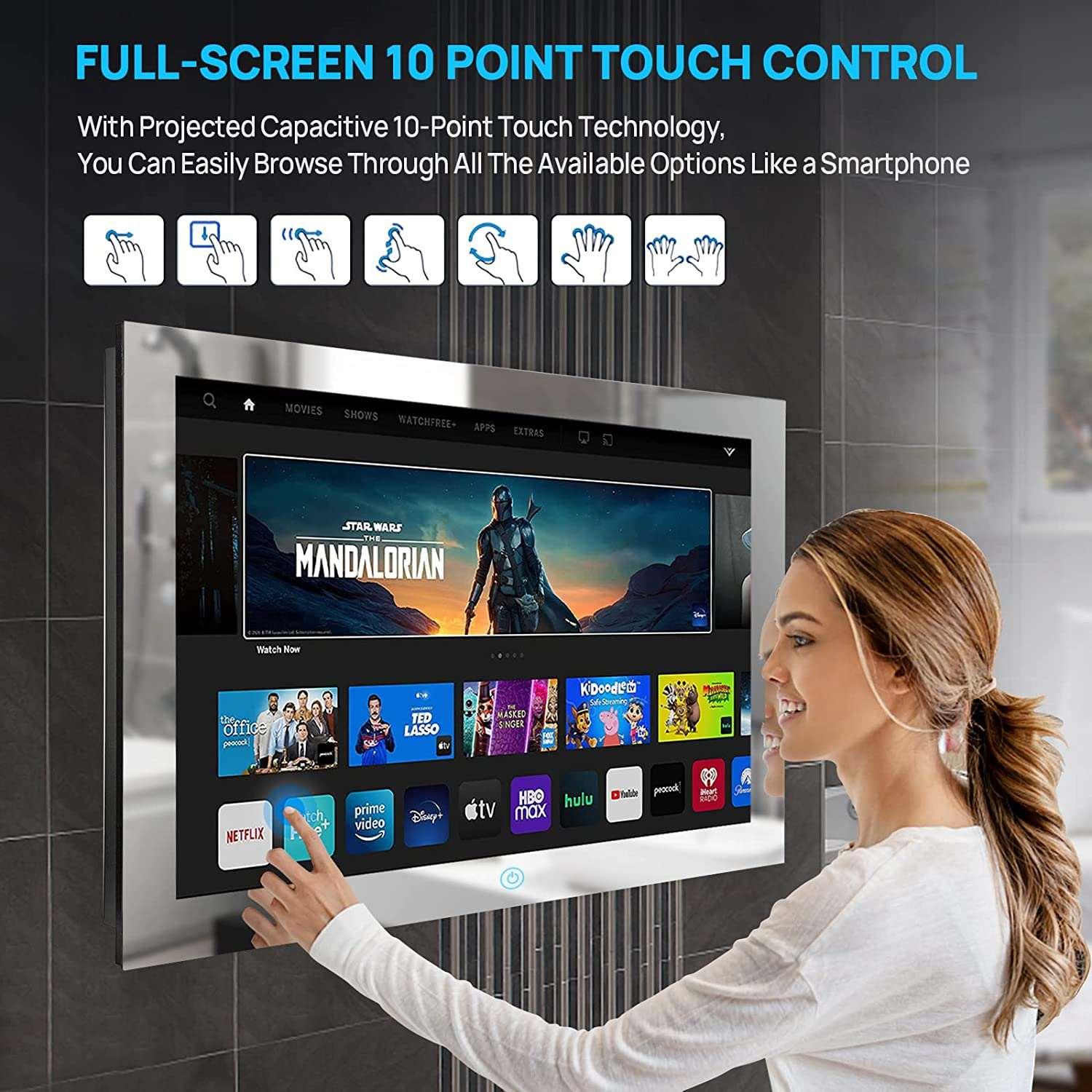 Bathroom Mirror TV with Smart Touch Screen, 32 Inch , IP66 Waterproof Small Android 11.0 Television for Shower Built-in ATSC Tuner Wi-Fi Bluetooth(LEHG320BM-M) - leotachi