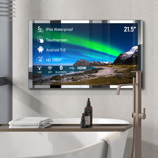 21.5 inch IP66 Waterproof Touch Screen Android Mirror TV for Bathroom Shower - 500nits High Brightness 1080P Built-in Android 11.0 WiFi/BT/RJ45/USB/HDMI/TF/SIM