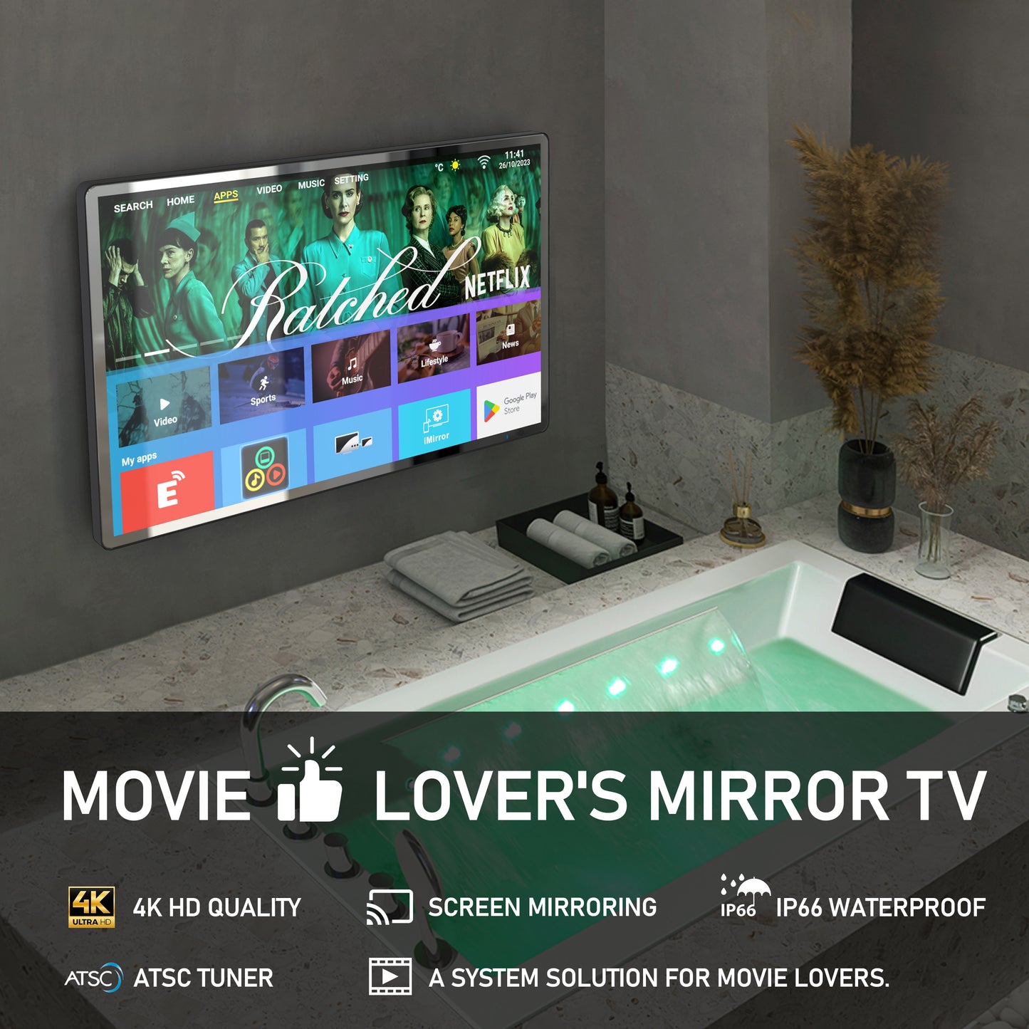 4K Ultra HD 32-inch High-end Bathroom Mirror TV IP66 Waterproof Android TV Supports Voice Remote Control Google Assistant, Built-in ATSC Tuner, HDMI (ARC), SPDIF (LEOSMDKR-32)