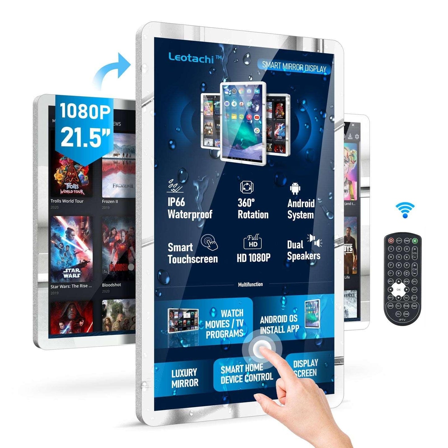 (Almost New)Touch Screen Mirror IP66 Waterproof 21.5 inch TV for Bathroom Shower - Support 360° Rotation, 500 nits High Brightness1080P LED Built-in Android 11.0( LEOSMJMG-215) - leotachi