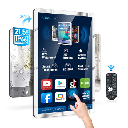 21.5 inch Touch Screen Mirror IP66 Waterproof TV for Bathroom Shower - Support 360° Rotation, 500 nits High Brightness Full HD 1080P LED Built-in Android OS WiFi/LAN/USB/BT/HDMI( LEOSMJMG-215)