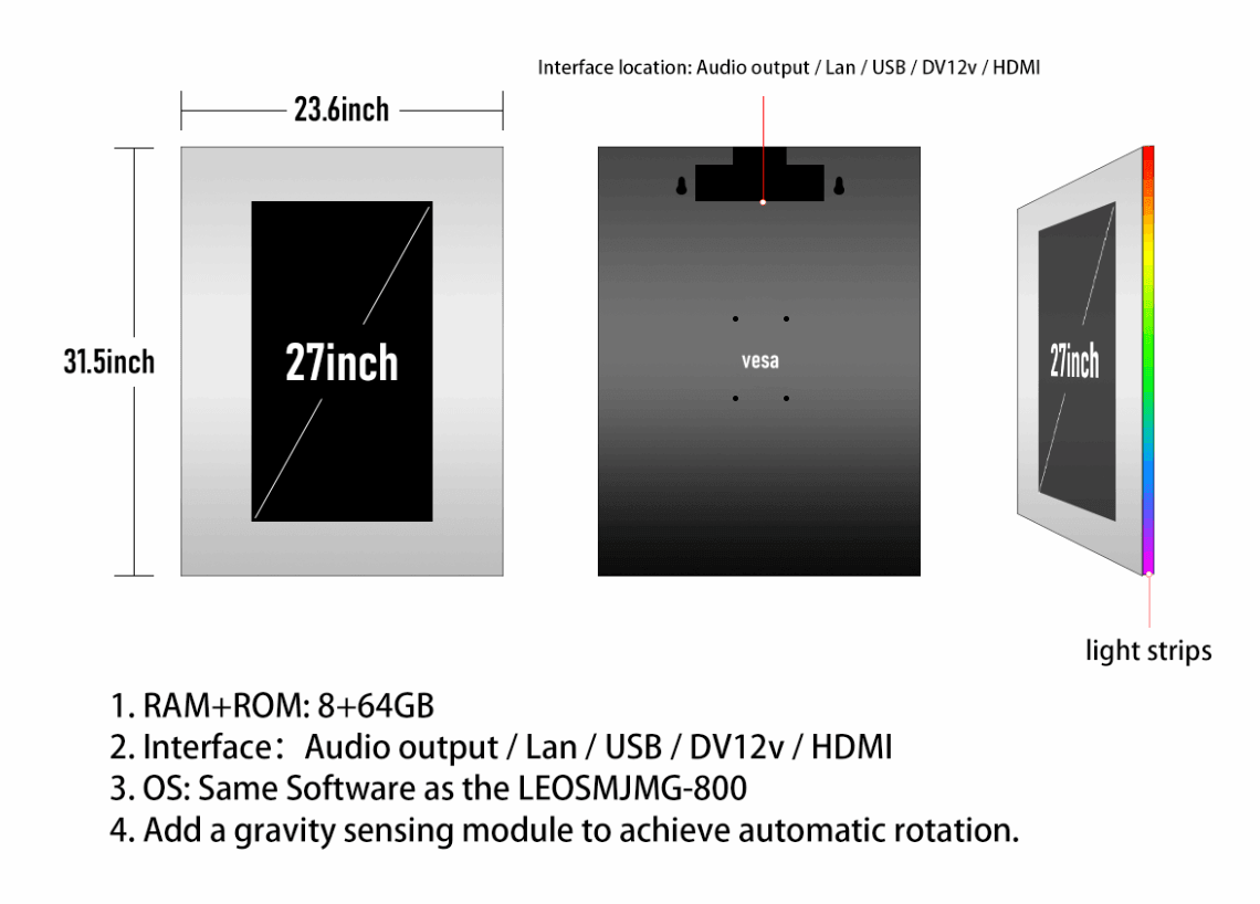 32*24 inch Smart Android Mirror WIth RGB Backlit Lighted Built-in 27 inch 360° Rotation Touch Screen - leotachi