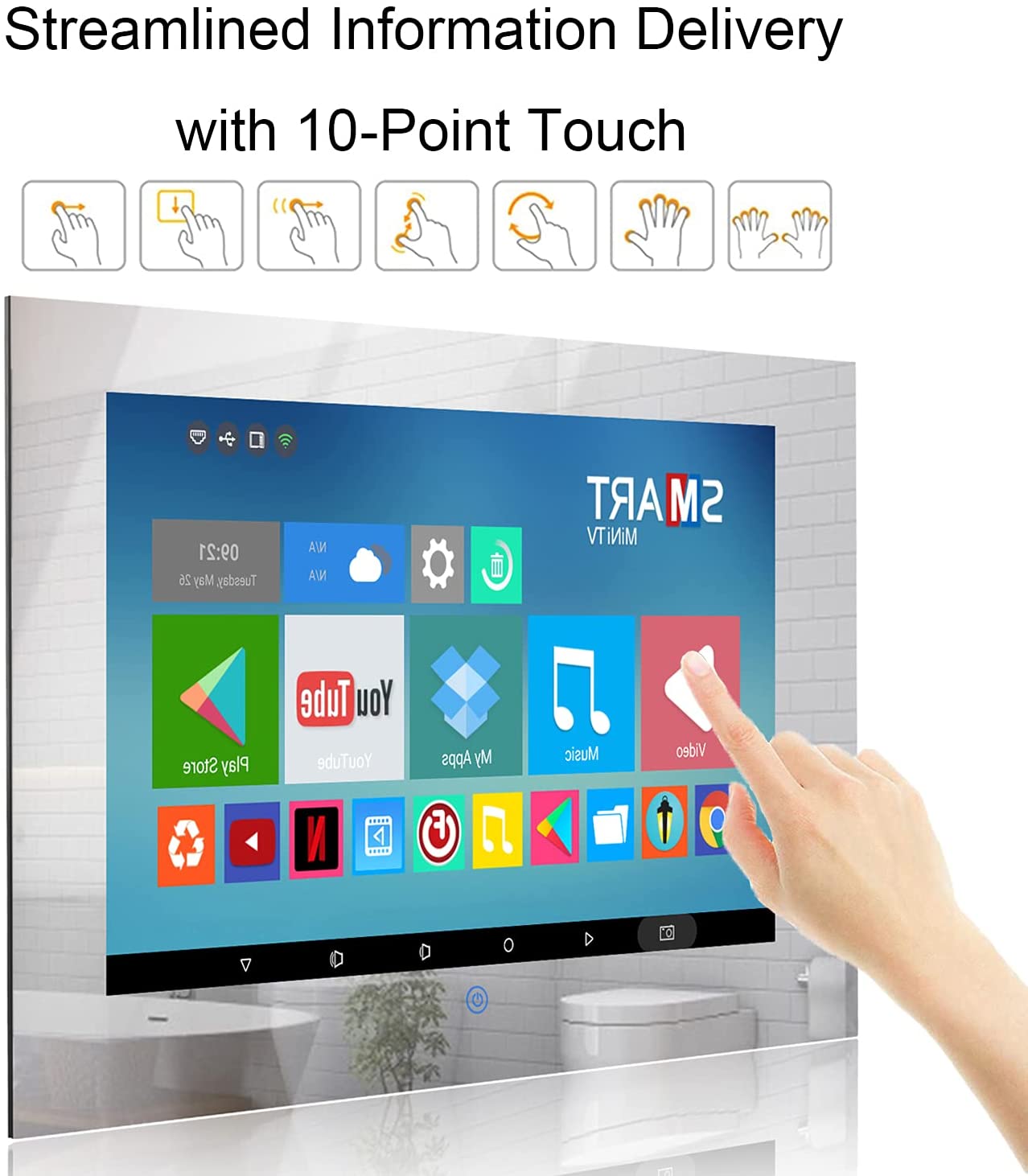 TouchScreen Bathroom 21.5-inch TV Waterproof Smart Mirror TVs Full-HD 1080P LED Television with Android 11.0 System Built-in HDTV(ATSC)Tuner,Bluetooth,Wi-Fi,Screencast (LEHG215BM-M)
