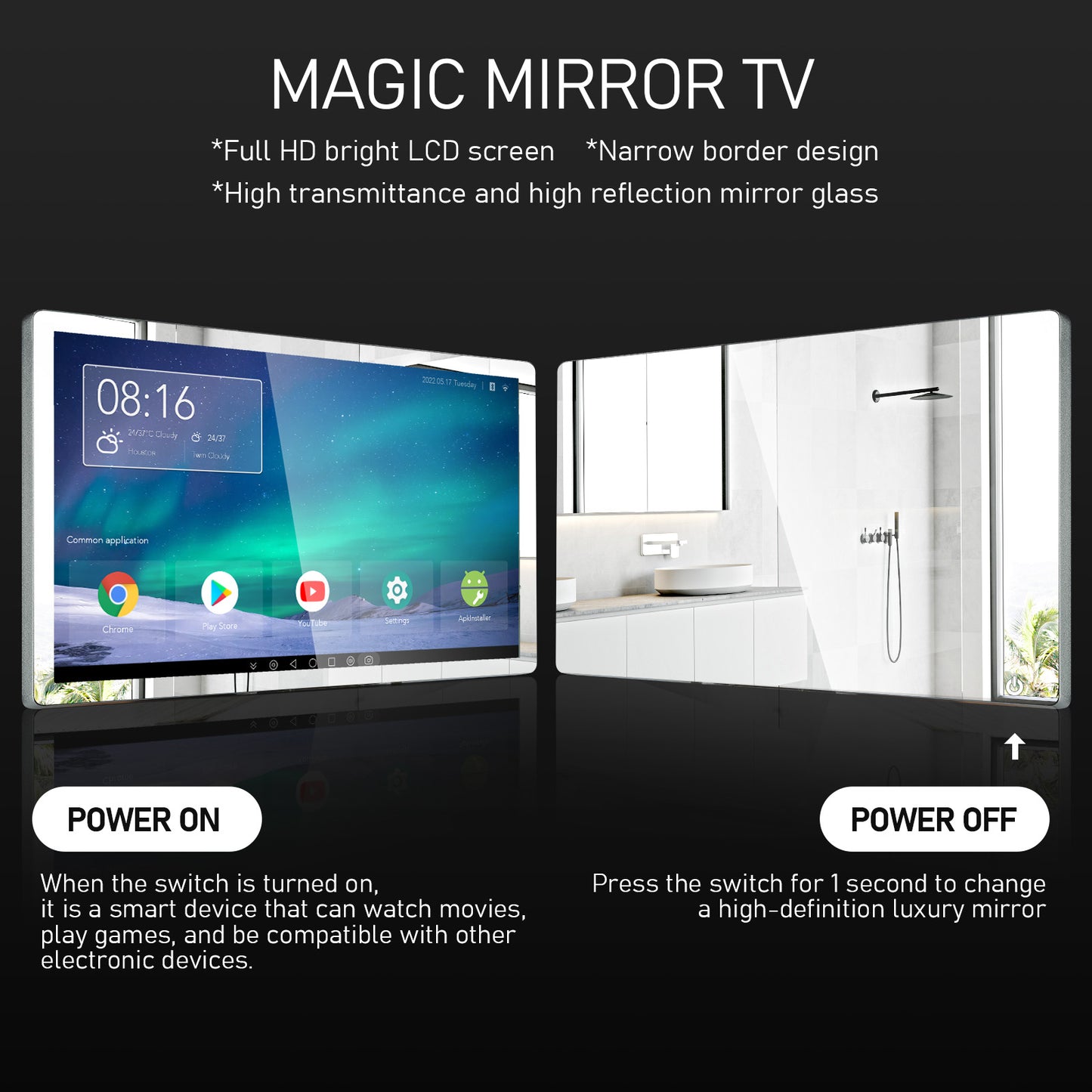 Leotachi 21.5 inch Smart Touch Screen Mirror IP66 Waterproof TV for Bathroom Shower - Support 360° Rotation, 500 nits High Brightness Full HD 1080P(LEOSMJMG-215-R)