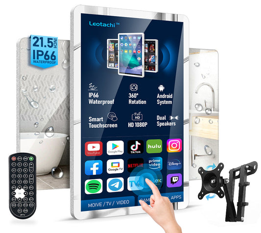 Leotachi 21.5 inch Smart Touch Screen Mirror IP66 Waterproof TV for Bathroom Shower - Support 360° Rotation, 500 nits High Brightness Full HD 1080P(LEOSMJMG-215-R)