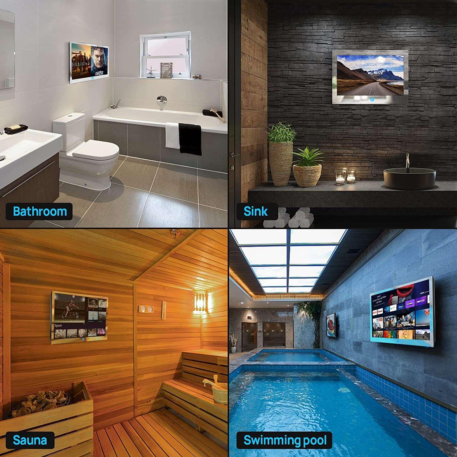 Small 19 inch Bathroom Mirror TV IP66 Waterproof Smart Android 11.0 Television LED 1080P Built-in ATSC Tuner Wi-Fi Bluetooth (LEHG190BM-M) - leotachi