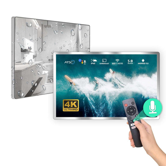 (Sale)4K Ultra HD 32-inch High-end Bathroom Mirror TV IP66 Waterproof Android TV Supports Voice Remote Control Google Assistant, Built-in TV Tuner, HDMI (ARC), SPDIF (LEOSMDKR-32) - leotachi