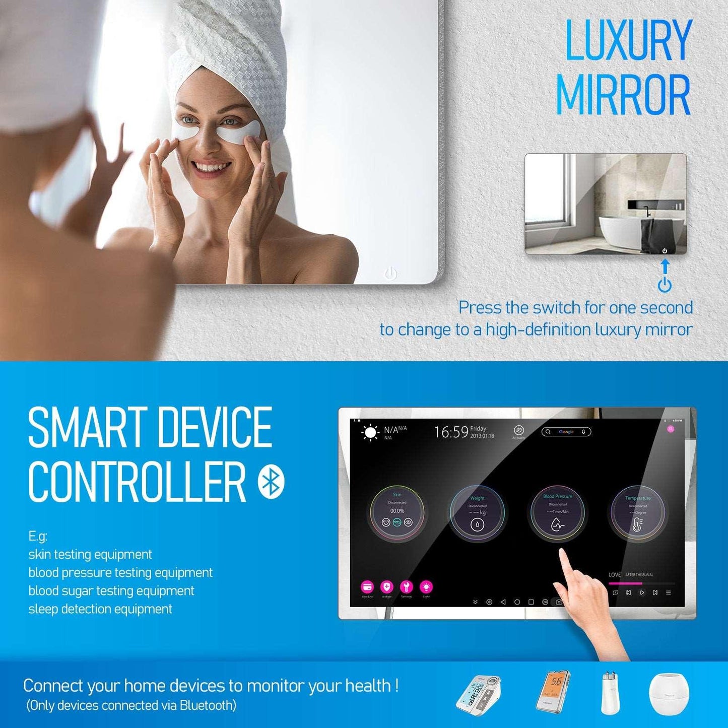 (Sale)21.5 inch Touch Screen Mirror IP66 Waterproof TV for Bathroom Shower - Support 360° Rotation, 500 nits High Brightness Full HD 1080P LED Built-in Android OS WiFi/LAN/USB/BT/HDMI( LEOSMJMG-215) - leotachi