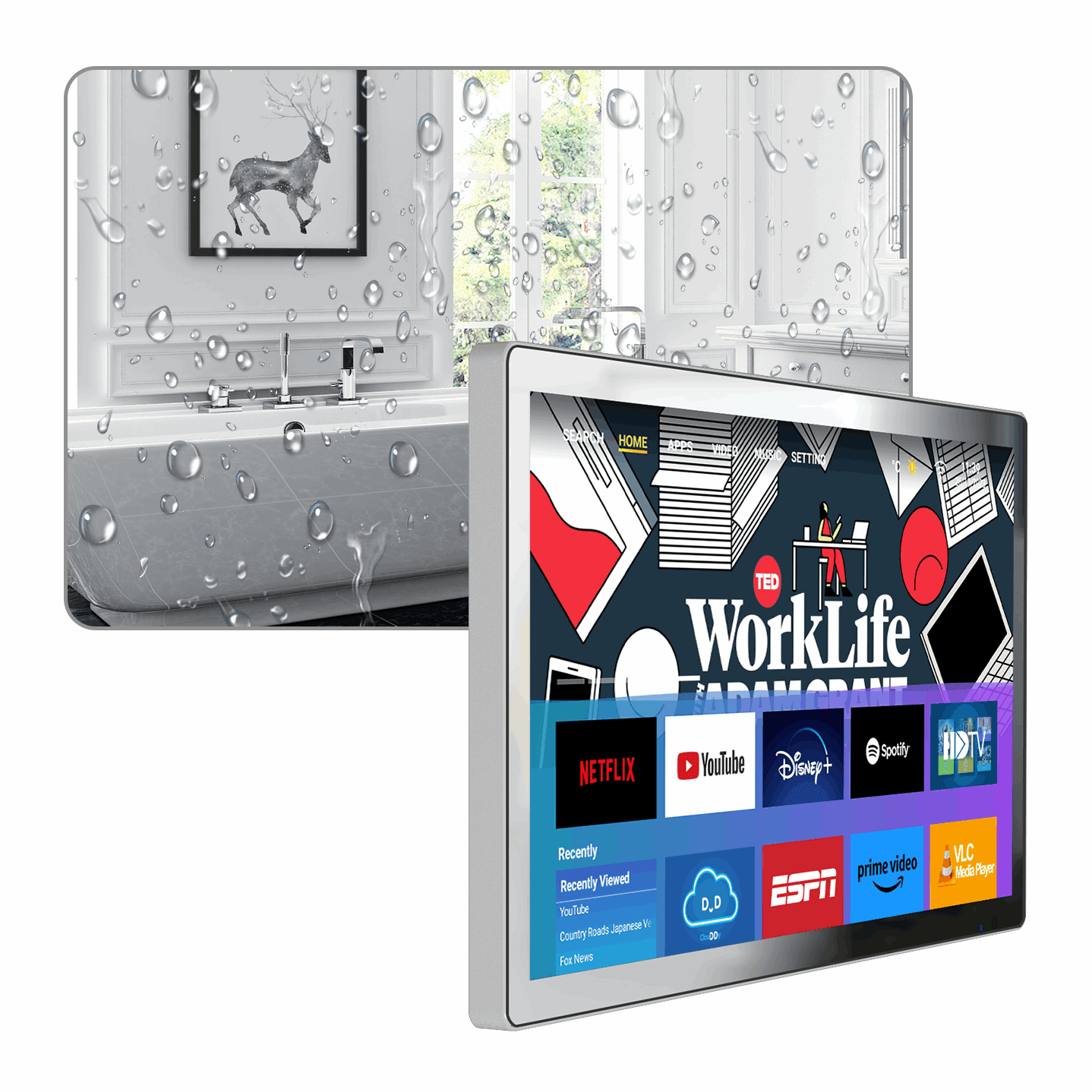 (Sale)4K Ultra HD 32-inch High-end Bathroom Mirror TV IP66 Waterproof Android TV Supports Voice Remote Control Google Assistant, Built-in TV Tuner, HDMI (ARC), SPDIF (LEOSMDKR-32) - leotachi