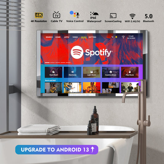 (Sale)4K Ultra HD 32-inch High-end Bathroom Mirror TV IP66 Waterproof Android TV Supports Voice Remote Control Google Assistant, Built-in TV Tuner, HDMI (ARC), SPDIF (LEOSMDKR-32)