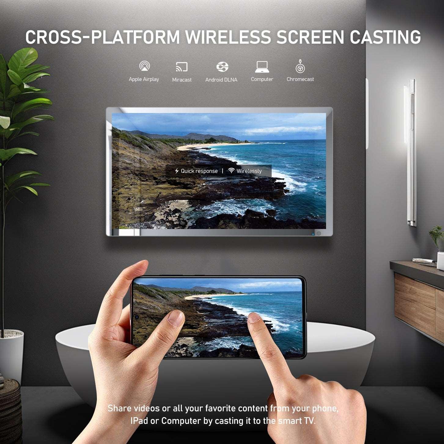 (Sale)4K Ultra HD 32-inch High-end Bathroom Mirror TV IP66 Waterproof Android TV Supports Voice Remote Control Google Assistant, Built-in TV Tuner, HDMI (ARC), SPDIF (LEOSMDKR-32) - leotachi