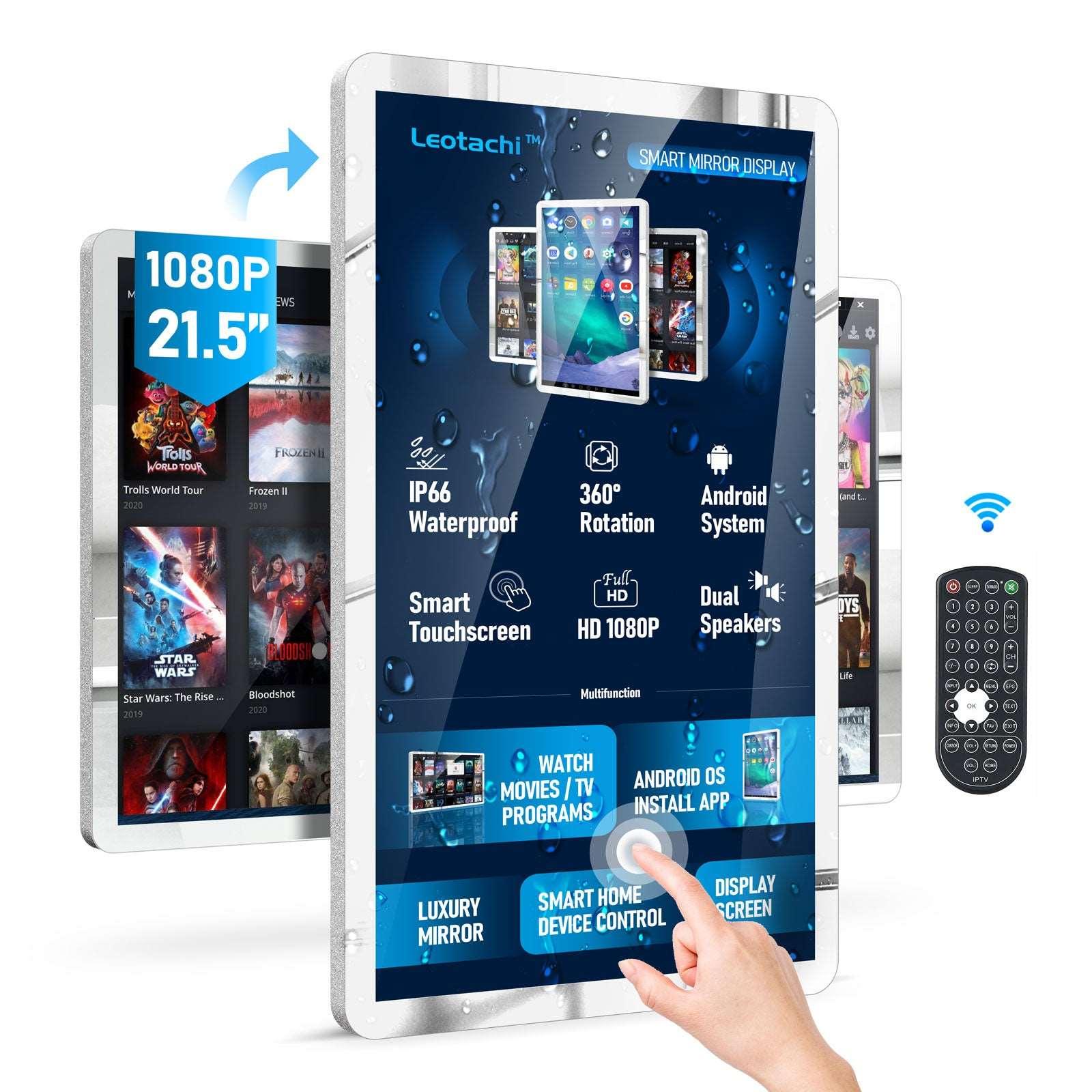 (Sale)21.5 inch Touch Screen Mirror IP66 Waterproof TV for Bathroom Shower - Support 360° Rotation, 500 nits High Brightness Full HD 1080P LED Built-in Android OS WiFi/LAN/USB/BT/HDMI( LEOSMJMG-215) - leotachi
