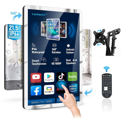 Leotachi 21.5 inch Smart Touch Screen Mirror IP66 Waterproof TV for Bathroom Shower - Support 360° Rotation, 500 nits High Brightness Full HD 1080P(LEOSMJMG-215-R) - leotachi