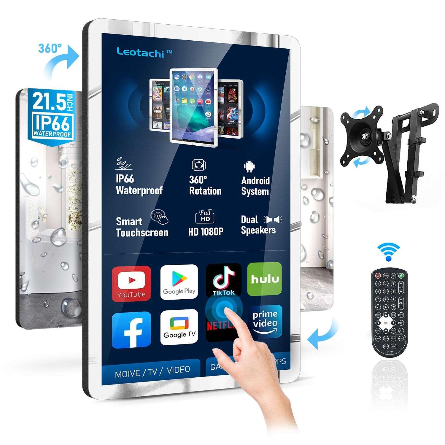 Leotachi 21.5 inch Smart Touch Screen Mirror IP66 Waterproof TV for Bathroom Shower - Support 360° Rotation, 500 nits High Brightness Full HD 1080P(LEOSMJMG-215-R) - leotachi