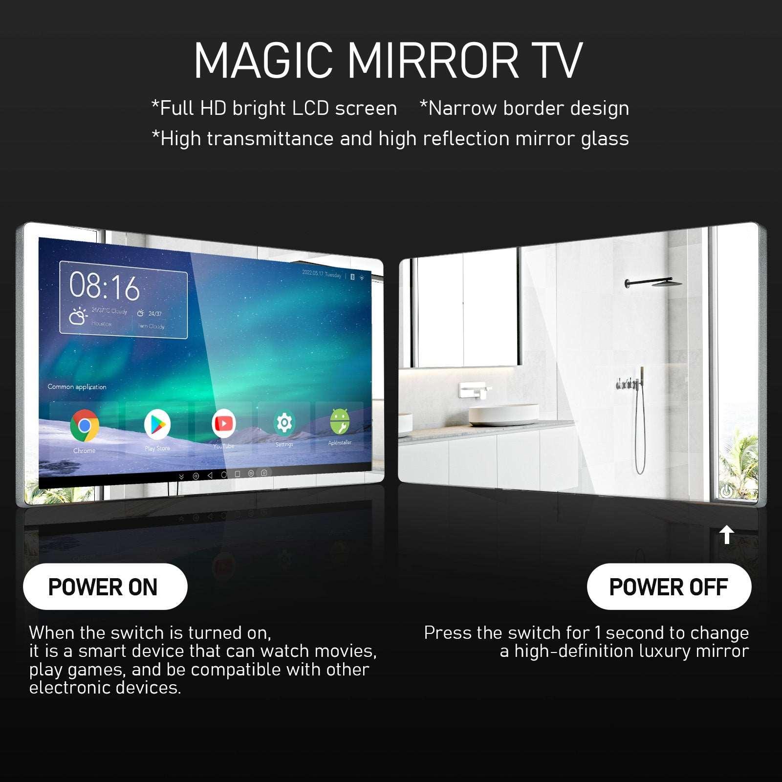 Leotachi 21.5 inch Smart Touch Screen Mirror IP66 Waterproof TV for Bathroom Shower - Support 360° Rotation, 500 nits High Brightness Full HD 1080P(LEOSMJMG-215-R) - leotachi
