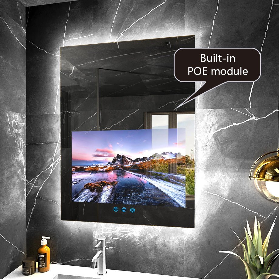(In Stock) 32 x 24 inch Smart Bathroom Vanity Waterproof Mirror Build in 21.5 inch Touch Screen TV with Adjustable 3 Color Led Lighted /Bluetooth /Weather Forecast/Health Monitoring/Watch Streaming (LEOSMJMG-800)