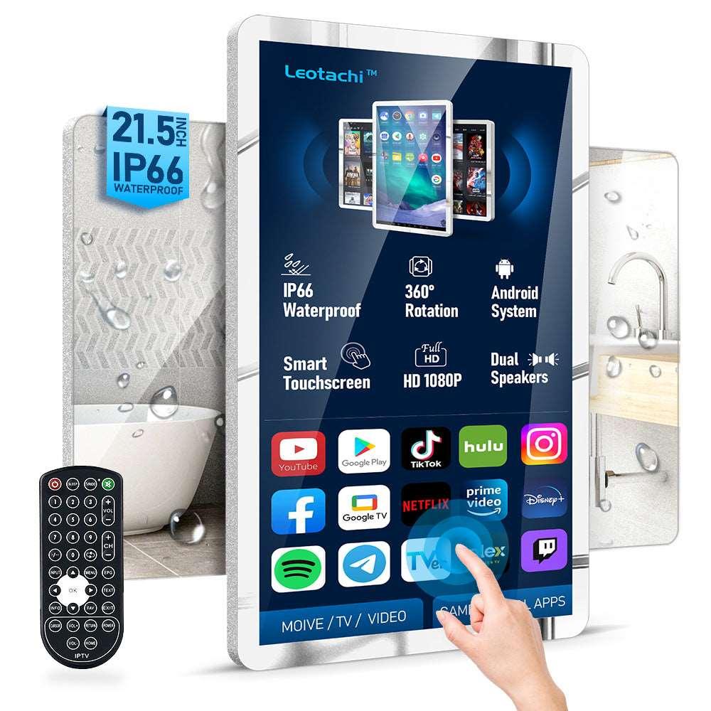 Leotachi 21.5 inch Smart Touch Screen Mirror IP66 Waterproof TV for Bathroom Shower - Support 360° Rotation, 500 nits High Brightness Full HD 1080P(LEOSMJMG-215-R) - leotachi