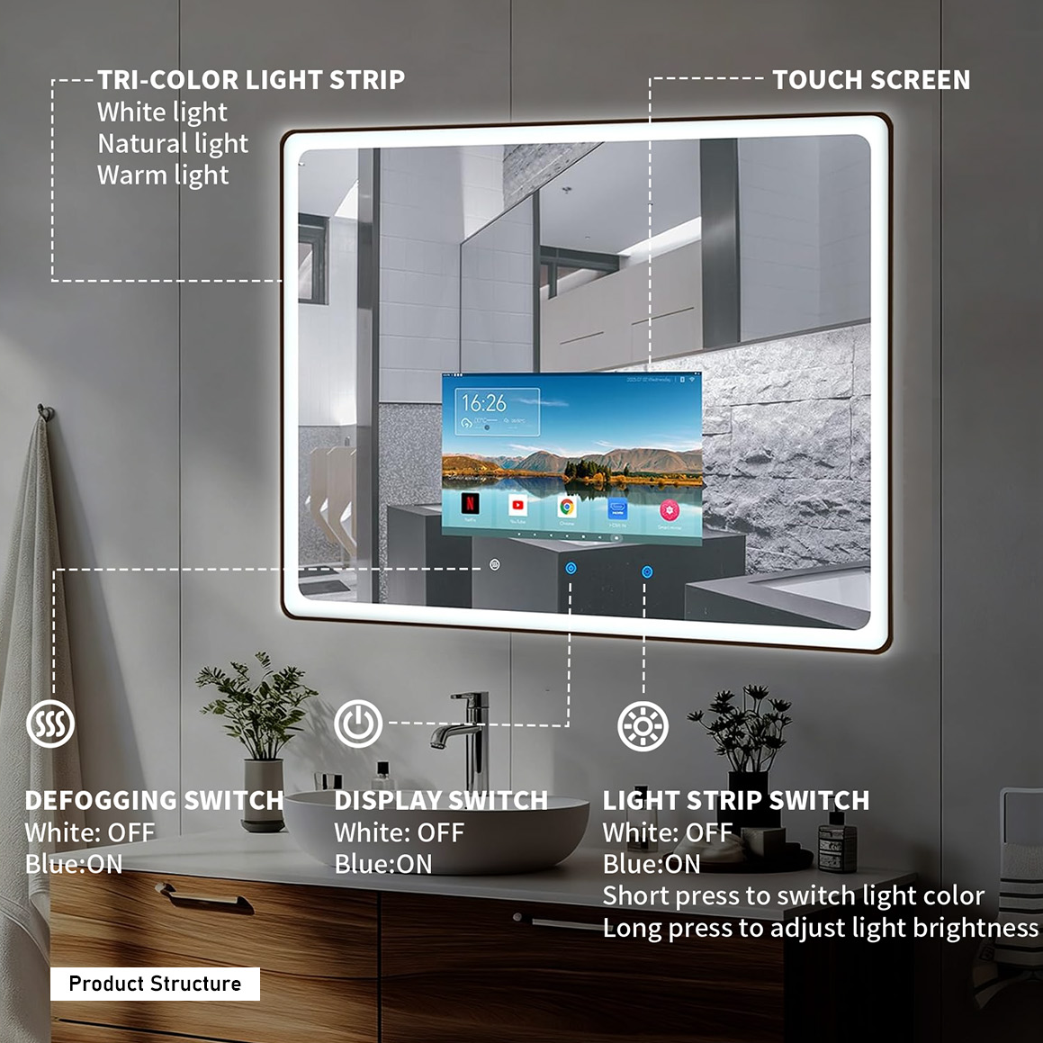 24×32 Inch Smart Vanity Bathroom Mirror with 15.6" Waterproof Touchscreen TV
