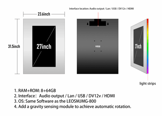32*24 inch Smart Android Mirror WIth RGB Backlit Lighted Built-in 27 inch 360° Rotation Touch Screen - leotachi