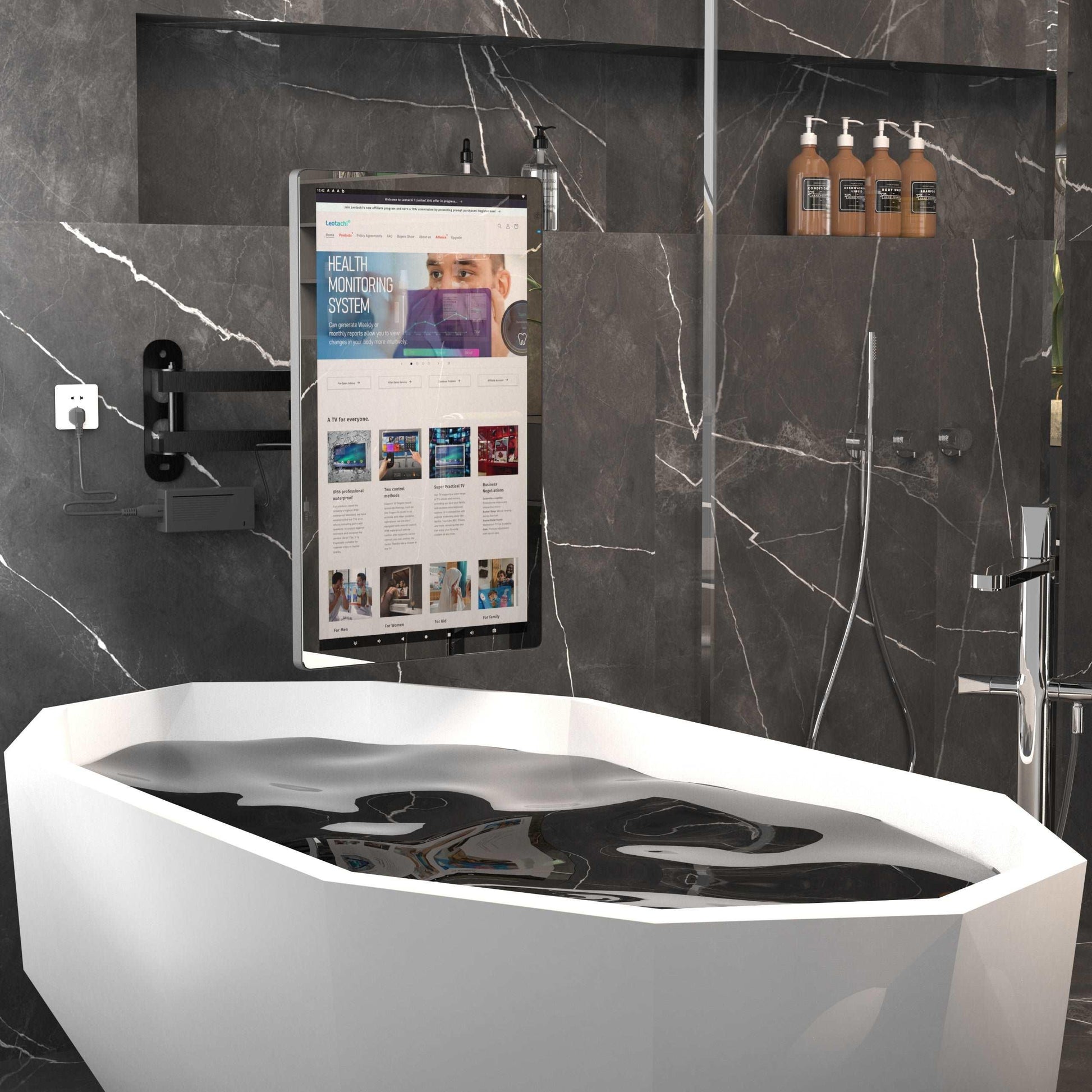 Leotachi 21.5 inch Smart Touch Screen Mirror IP66 Waterproof TV for Bathroom Shower - Support 360° Rotation, 500 nits High Brightness Full HD 1080P(LEOSMJMG-215-R) - leotachi