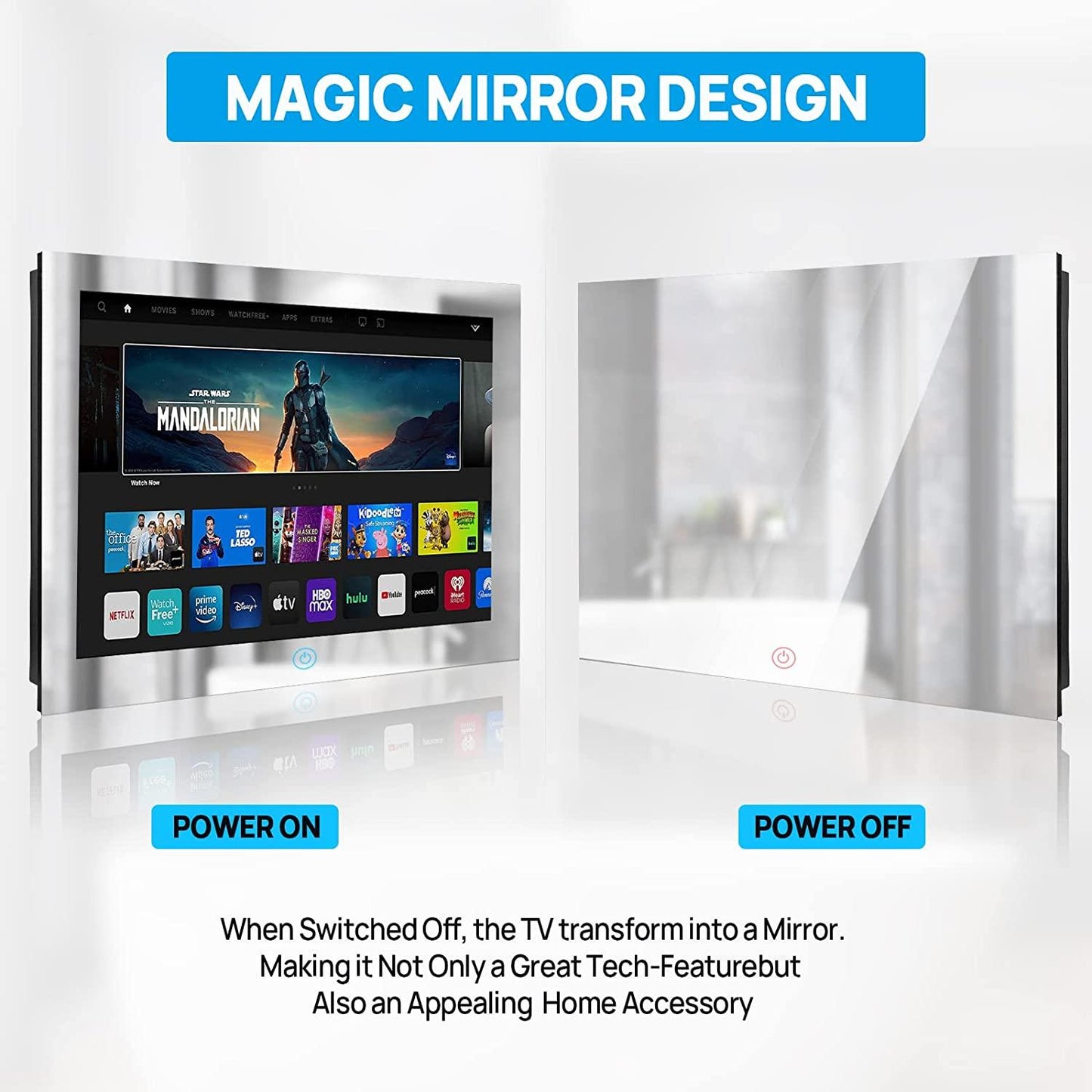 Bathroom Mirror 27-inch TV with Touchscreen IP66 Waterproof Smart Android 11.0 Television Full HD 1080P Built-in ATSC Tuner Wi-Fi Bluetooth (Touch Control, Mirrored Frame)(LEHG270BM-M) - leotachi